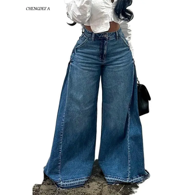 CHENGDEFA 2025 Spring Women's Retro Streetwear Wide-Leg Fringed Denim Trouser Bottom, Sports & Outdoor Clothes