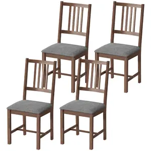 Set of 4 Dining Chairs Walnut Upholstered Dining Room Chairs Rubberwood Legs Vertical Slat Backrest Breathable Linen Feel Fabric for Kitchen