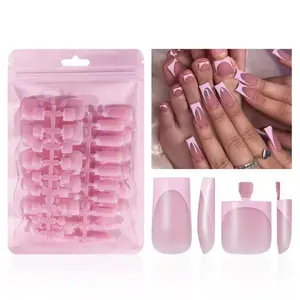 60 Pcs Pink French Tip Press on Nails Square & Press on Toenails Set, Medium Fake Nails Short Square Press on Toe Nails Summer False Nails Full Cover Stick on Toenails for Women