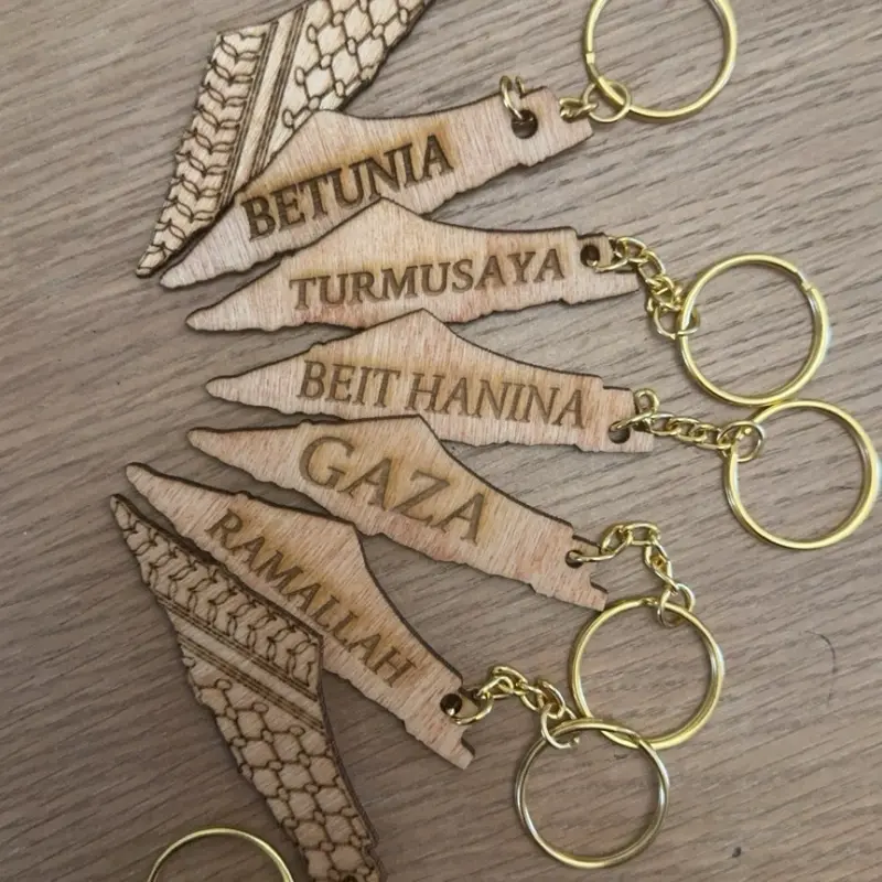 Palestine CI Keychain with Wooden Design Featuring Names of Palestine - Includes Keyring for Everyday Use