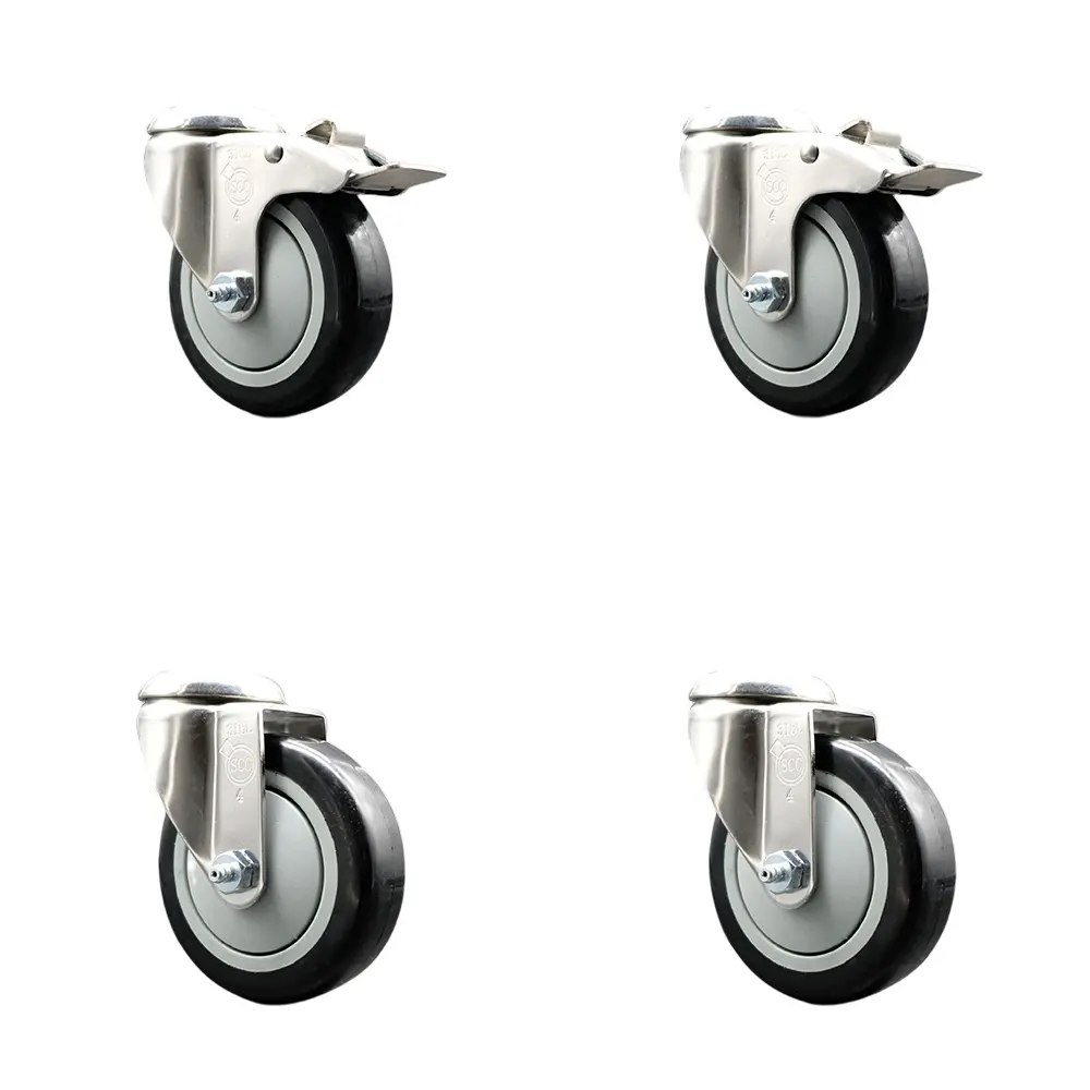 Service Caster SCC-SS316BHTTL20S414-PPUB-BLK-2-S-2 Polyurethane Swivel Bolt Hole Caster with 4 in. Black Caster Wheels 316 Stainless Steel Casters - Set of 4