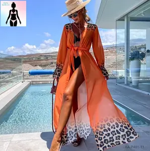 Vibrant leopard print long beach cover-up — sexy sheer chiffon maxi kimono robe for women, tropical resort wear, flowy summer duster for pool and cruise parties