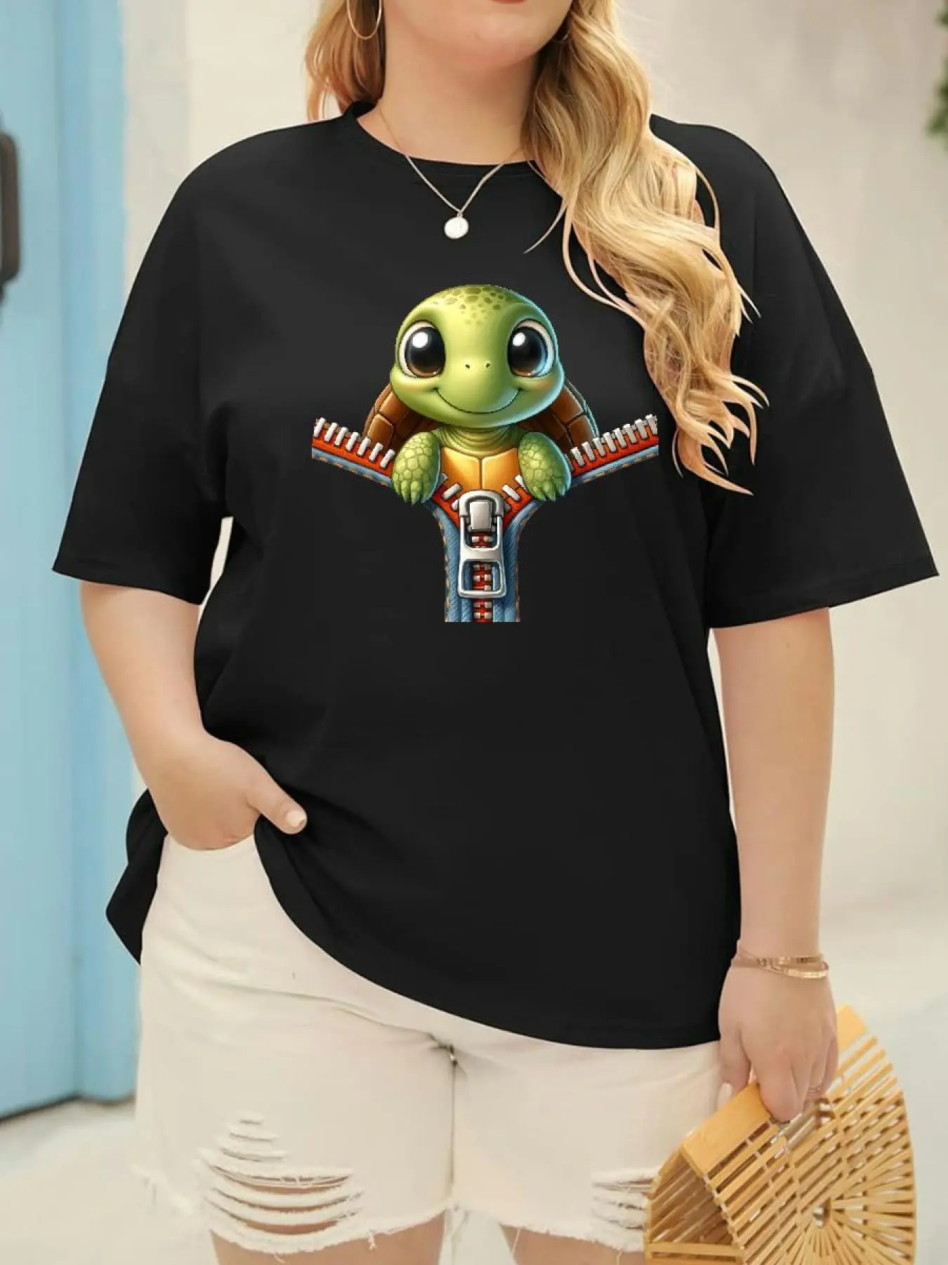 Plus Size Casual T-Shirt with Cute Turtle Graphic, Polyester Knit Fabric, Crew Neck, Breathable, Slight Stretch, Geometric Pattern, Sporty Leisure Style, for Spring/Summer