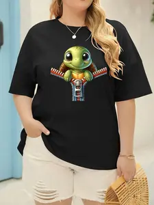 Plus Size Casual T-Shirt with Cute Turtle Graphic, Polyester Knit Fabric, Crew Neck, Breathable, Slight Stretch, Geometric Pattern, Sporty Leisure Style, for Spring/Summer