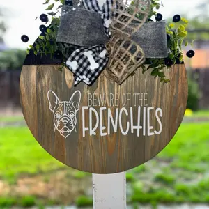 Beware of the Frenchies Wooden Door Hanger with Plaid Bow and Berry Accents for Farmhouse Decor