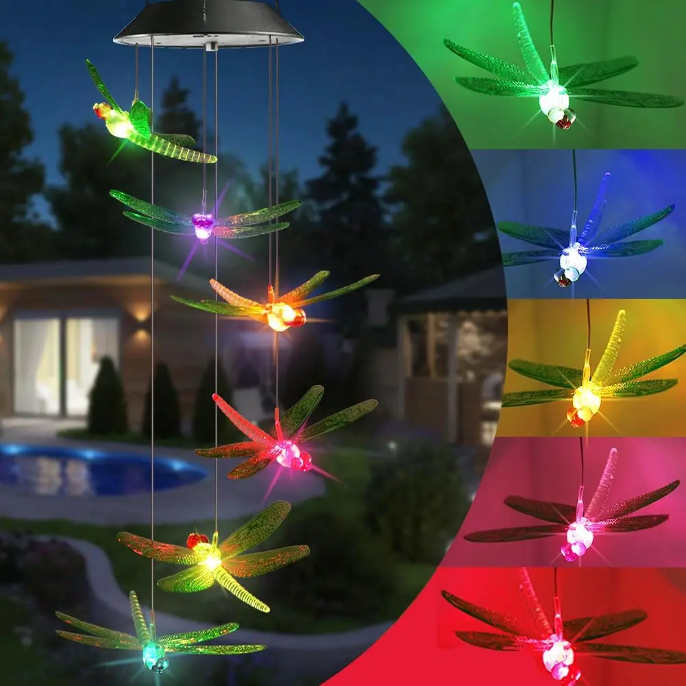 Summer Garden Decorative Lights.Solar Wind Chimes Outdoor, Color Changing Solar Lights Dragonfly, Gifts for Mom Grandma, Waterproof Decorative Mobile Light, Gardening Gift for Garden,Patio, Window, Yard, Outdoor Decor