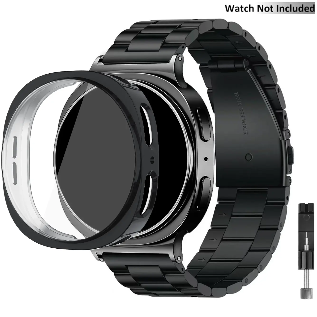 Classic Stainless Steel Strap for Samsung Galaxy Watch 8 (40mm/44mm), Smart Watch Straps, Smartwatch Strap, High-Quality Metal Band, Includes Size Adjustment Tool & Tpu Case, Accessories