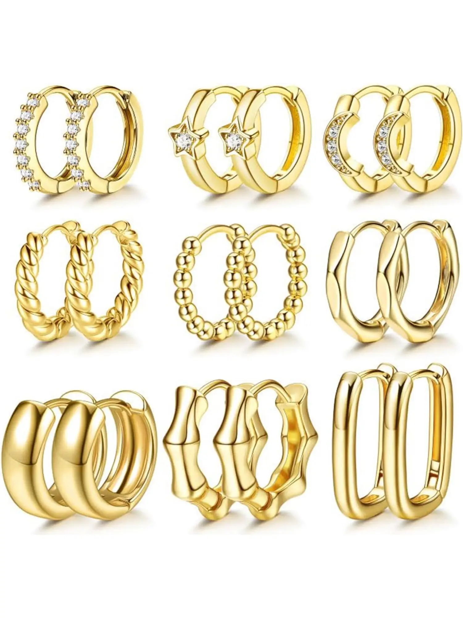 9 Pairs Elegant Ear Hoops Set for Women Girls 18K Gold Plated Hoop Earrings with Cubic Zirconia Twist Oval Star Small Hoop Earrings Chunky Gold Hoop Earring Trend Jewelry Gifts
