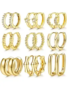 9 Pairs Elegant Hoop Earrings Set for Women Girls 18K Gold Plated Hoop Earrings with Cubic Zirconia Twist Oval Star Small Hoop Earrings Chunky Gold Hoop Earring Trend Jewelry Gifts