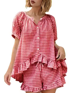 Yimoon Womens Gingham Pajamas Set Plaid Cotton Pj Set Puff Sleeve Ruffle Babydoll Shirt Shorts Summer 2 Piece Outfits