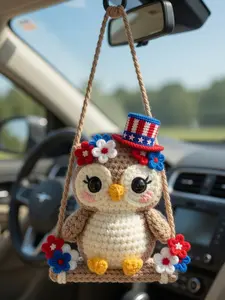 Patriotic Owl Crochet Car Hanging Ornament, Handmade Amigurumi Owl Decor, American Flag Owl Charm, Cute Rearview Mirror Accessory