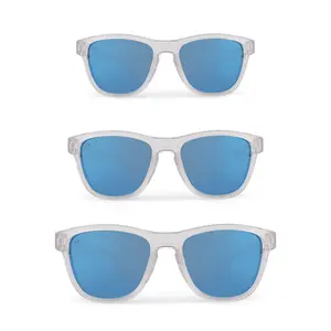 Valencia Ice S-M-L Unisex Lightweight Classic Square Sunglasses with Crystal Clear Frames & Ice Blue Mirror Polarized Lenses in 3 Sizes