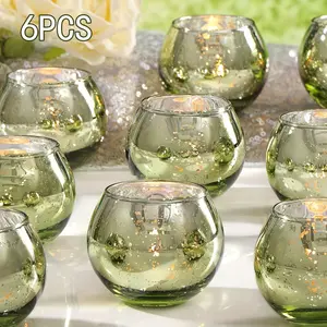 6 Piece Holiday Limited Edition Green Mercury Glass Candle Holder Set Ideal for Weddings Thanksgiving and Holiday Table Decor Creating a Magical Ambient Glow for Versatile Use Across Multiple Settings