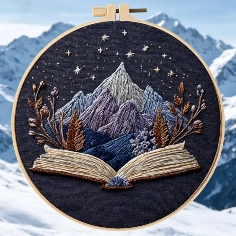 Embroidery Kit for Beginners, Elegant Cross Stitch Set, Snow Mountain Design, DIY Embroidery Craft, Includes Cotton Fabric, Thread, Needle, Instructions