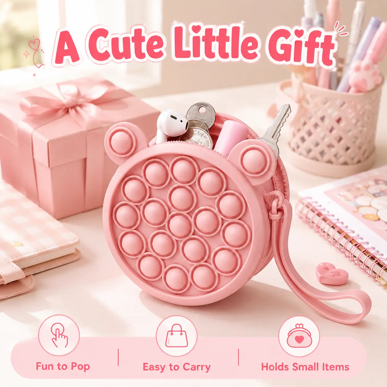 Cute Bear Ear Bubble Fidget Silicone Coin Purse with Zipper & Wrist Strap, Portable Mini Soft Wallet for Party-Casual Use, Fits Coins, Cards, Keys, Earbuds, Tiny Essentials, Birthday Gift for Kids, Piggy Bank School Bag Accessory