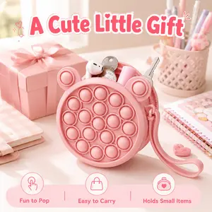 Cute Bear Ear Bubble Fidget Coin Purse, Soft Silicone Mini Wallet with Wrist Strap, Portable Change Pouch for Coins, Cards, Keys, Earbuds & Tiny Essentials, Gift for Girls Kids Teens