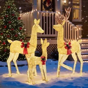 Large Lighted Christmas Deer Family Set with 360 Bright LED Warm Lights Standing Reindeer, Lawn Decor, Indoor Outdoor Front Yard Holiday Decoration, Stakes, Zip Ties