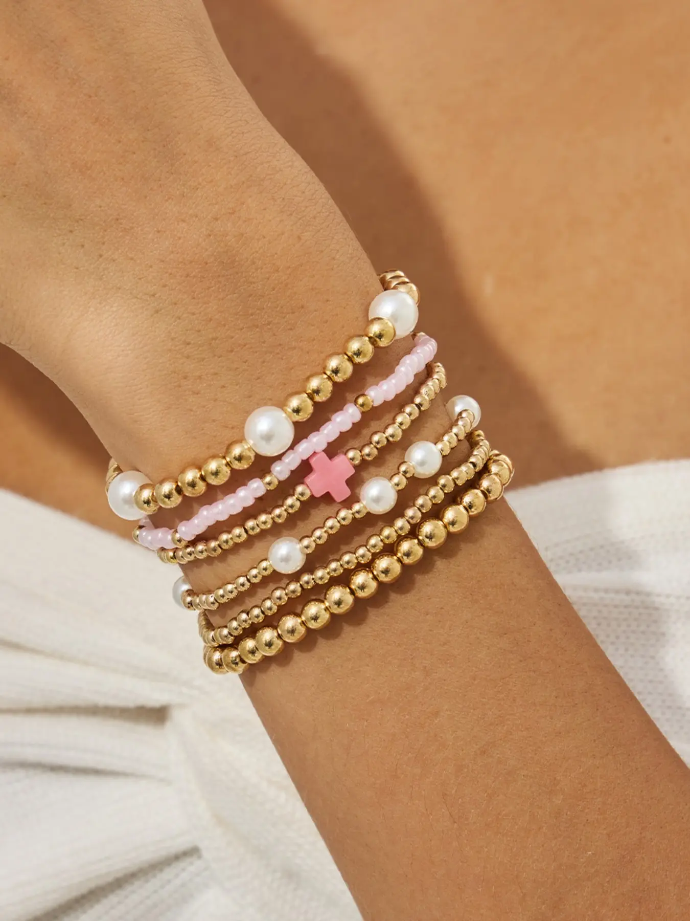 6 - Piece Gold Bracelets Set, Dainty & Chic Jewelry with Pearl, Cross & Colorful Bead Charms, Layered Design for Women's Daily & Party Wear, Stackable Bracelet, Bracelet Sets