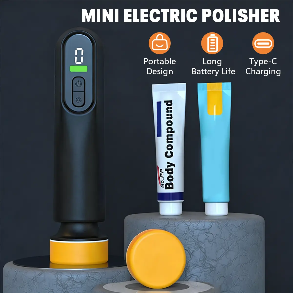 Mini Cordless Car Polisher, 3-Speed Rechargeable Buffer with Digital Display for Windshield Oil Film Removal, Light Scratch Repair & Car Detailing