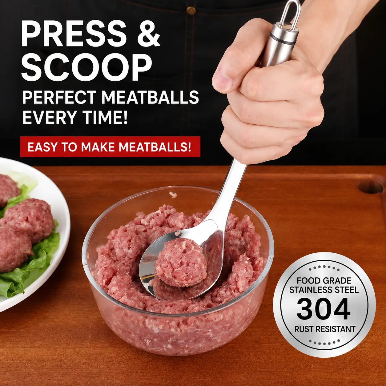 Stainless Steel Meatball Maker Spoon, Non-Stick Meat Ball Extrusion Scoop, Easy Squeeze Meatball Mold for Fish Balls, Shrimp Paste, Kitchen Cooking Gadget, Mess-Free Meatball Making Tool