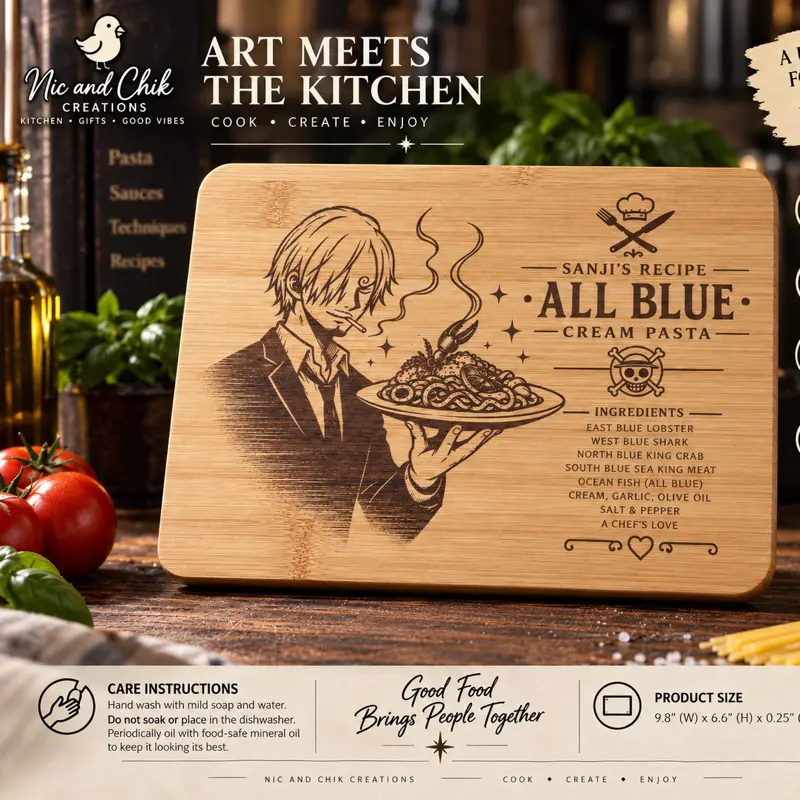 Engraved Bamboo Cutting Board – All Blue Anime Chef Design