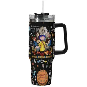 Custom Gothic Coraline-Inspired 40oz Tumbler – Custom Halloween Black WHite Stainless Steel Mug with Dark Fantasy Cat Face Design