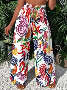 Colorful Floral Print Wide Leg Pants for Women, High Waist Slimming Flowy Long Pants, Summer Vacation Style Casual Pants