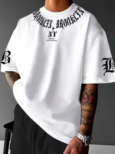 Men's Oversized Round Neck T-Shirt, Brooklyn NY Gothic Print, Casual Printed, Casual Short Sleeve Top, Comfortable Fabric, Ideal for All-Season Daily Wear