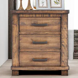 [Fahuac] Rustic Reclaimed Wood 3 Drawer Nightstand, Solid Pine Farmhouse Bedside Table with Antique Zinc Pulls, Natural Finish
