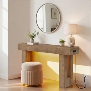 Farmhouse Console Table with Outlets & LED, Thickened Narrow Entryway Table, Spacious Storage, Sofa Hallway Foyer – Sandalwood