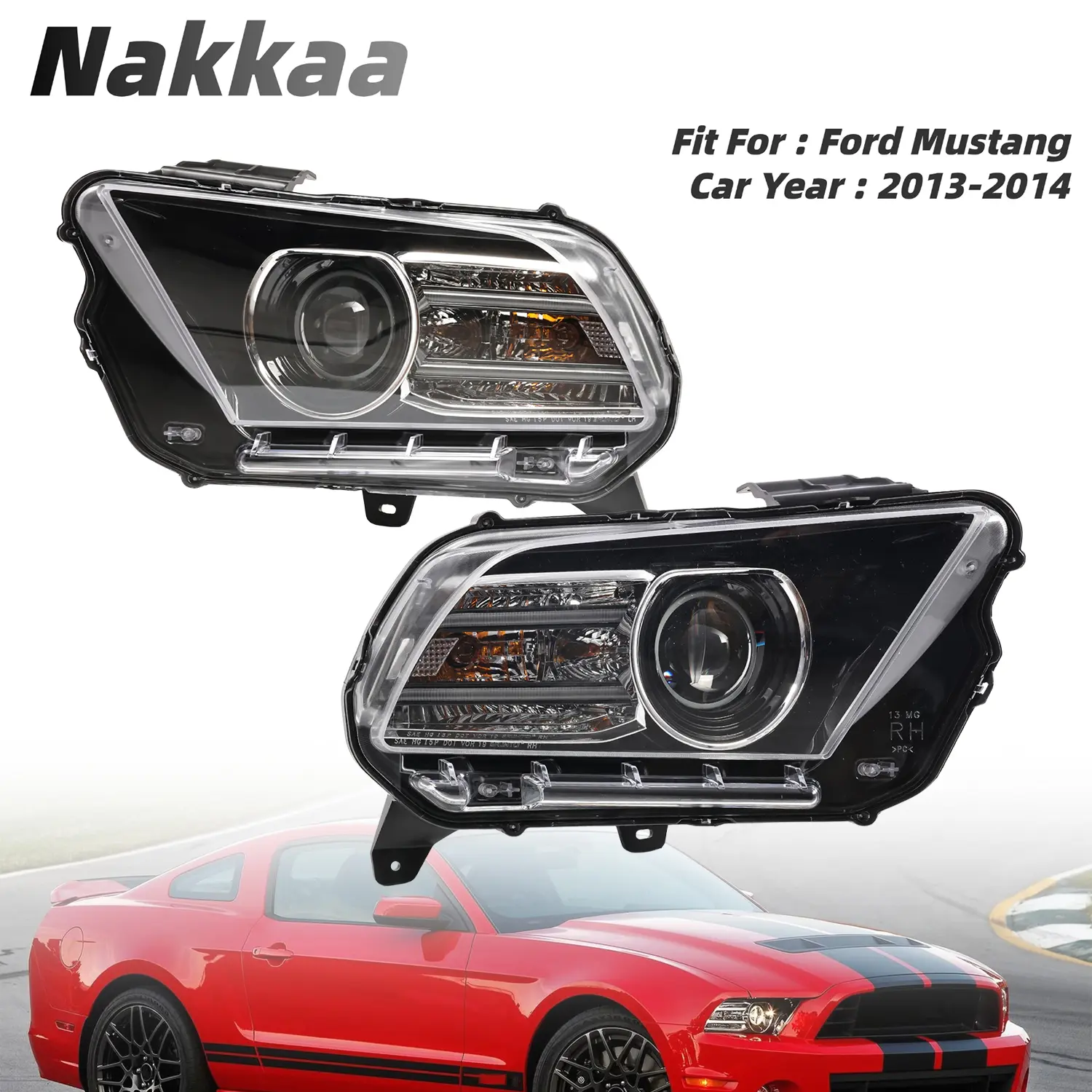Nakkaa 35W Durable Waterproof HID Projector Car Headlight Set (Pair) with LED Daytime Running Light, High Corrosion Resistance, Black Housing, Easy Install Factory Fit Direct Replacement for 2013-2014 Ford Mustang HID/Xenon Models, Yes