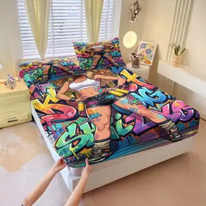 Street Graffiti Style theme Bedding, Soft and Comfortable bedding Set, Bed Sheets Set, Suitable for People who Like Street Trend Culture, the Pursuit of Personalized Decoration, Suitable for all Seasons