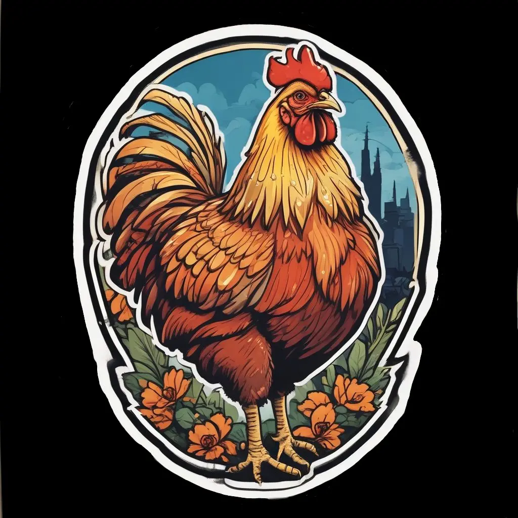 Chicken Rooster Sticker - Classic Design with Orange and Brown Color Scheme, Featuring a Rooster and Floral Elements