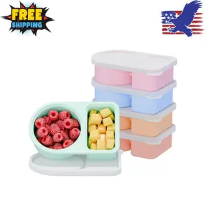 5 Pack Silicone Snack Containers, 2 Compartments Reusable Snackle Box