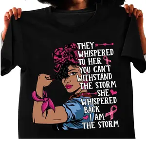 In October We wear Pink Black Afro Breast Cancer Fighter T-Shirt, Full Sizes, Full Colors Option Cotton Top