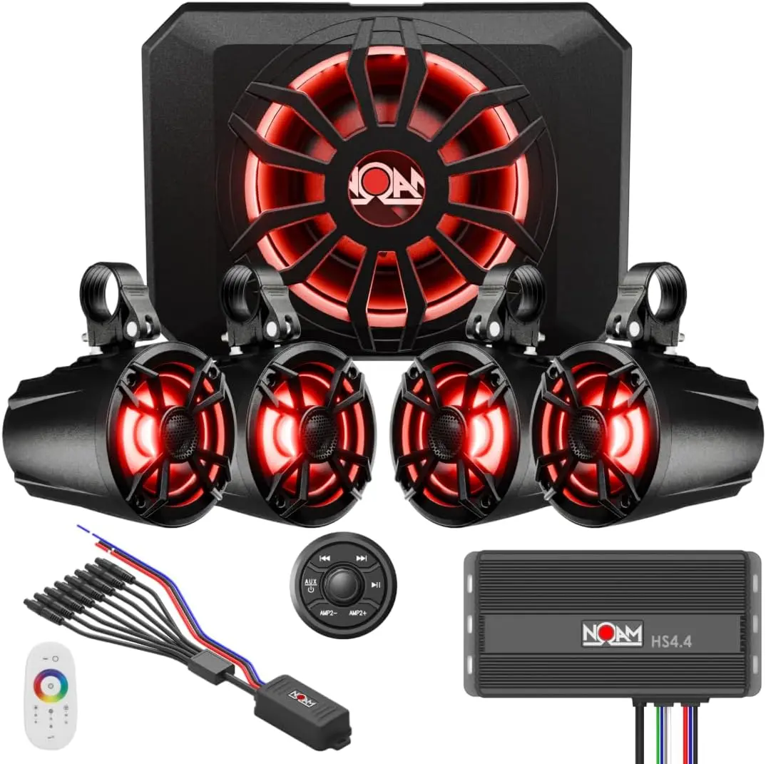 SERU NUTV5-S Quad PRO - Marine ATV/Golf Cart/UTV Stereo System kit – with 4 Waterproof LED Light Tower Speakers, Subwoofer, Weatherproof Controller with Bluetooth and AUX Input and Four Channels Amp