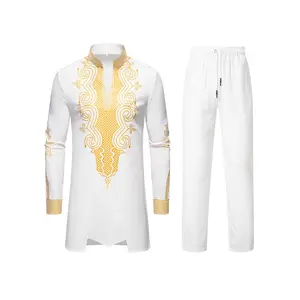 2025 New European And American Men's Ethnic Style Robe Printed Stand Collar Long Sleeve Shirt Trousers Casual Suit