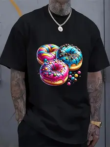 Men's Graphic T-Shirt - Soft Stretch Polyester Crewneck Tee with Donut, Pastel Colors - Everyday Casual Shirt for Parties, Outings - Machine Washable Everyday Essential for Adult Men & Teens, Leisure Clothing, Playful Design, Comfortable Fit, Short Sleeve