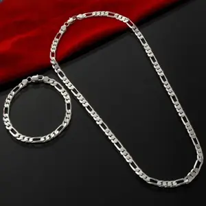 Summer 2Pcs 925 Sterling Silver Chain Jewelry Set DIY 4mm Bracelet Necklace Gift for Wedding Festival