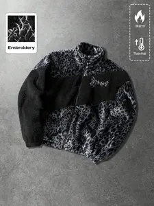 Unisex Leopard Print & English Text Graphic Patchwork Thermal Lined Fitted Jacket, Autumn/Winter