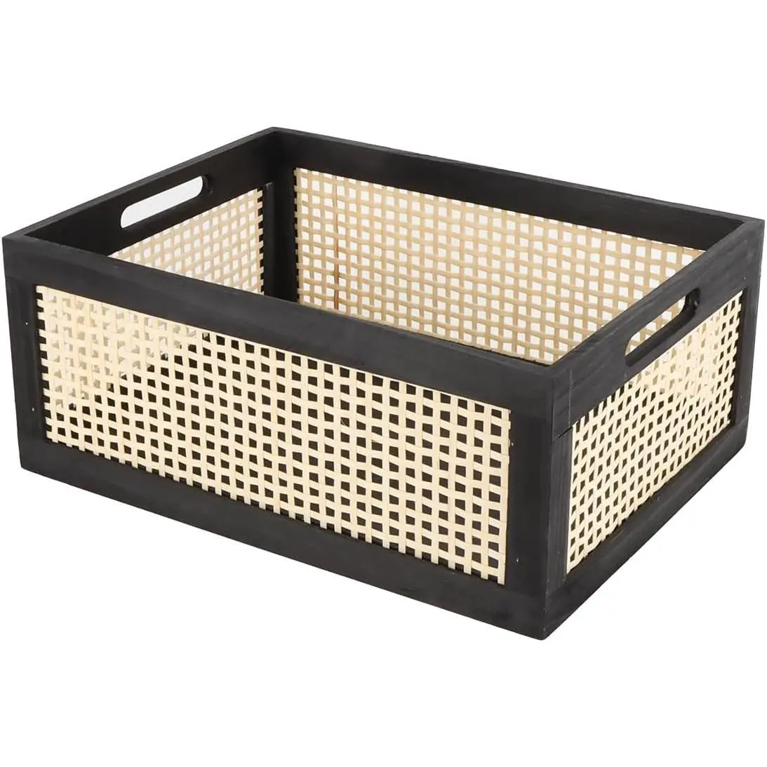 Wooden Storage Basket with Built-in Handle and Natural Wire Wood Nesting Drawer 15" L x 11" W x 6.3" H Black for Kitchen Bathroom and Office Desktop Decorative Organizer Crates