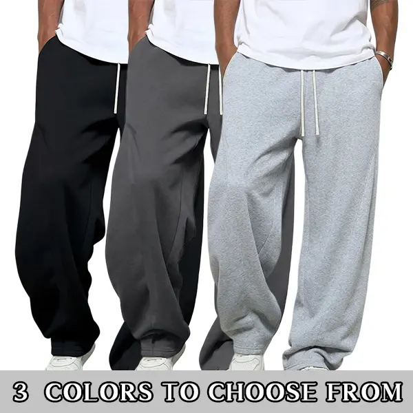 Men’s loose wide sweatpants, mid-rise drawstring elastic waistband, side seam pockets, suitable for outdoor activities and everyday casual wear, available in three colors.