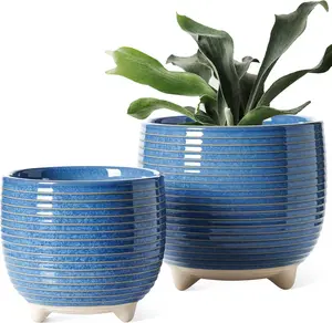 Ceramic  Pots, 5.1 + 6.4 Inch Footed Pots for , Modern Flower Pots for Home and Office, Indoor Planters with Drainage, Reactive Glaze Blue