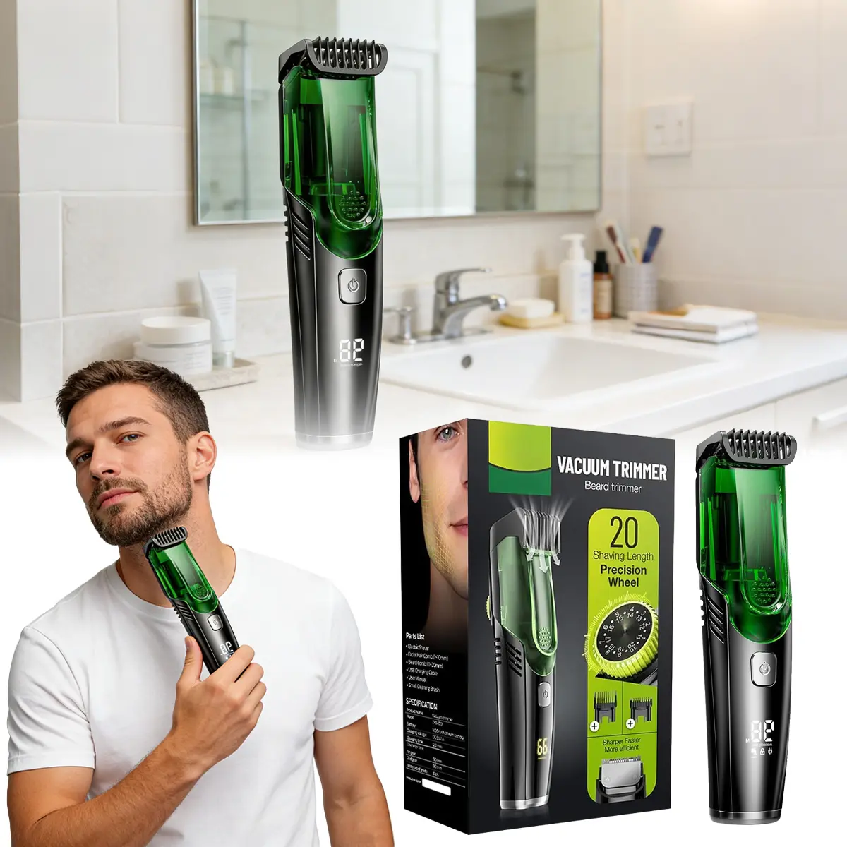 Vacuum Beard Trimmer for Men, Ideal Father's Day Gift - IPX7 Waterproof - Rechargeable Electric Grooming Kit with Adjustable Comb - Built-in Vacuum for Mustache, Sideburns & Stubble