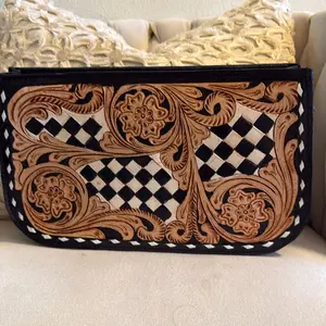 Hand Tooled Leather Western Crossbody Bag – b/w Checkered Cowgirl Purse with Floral Tooling