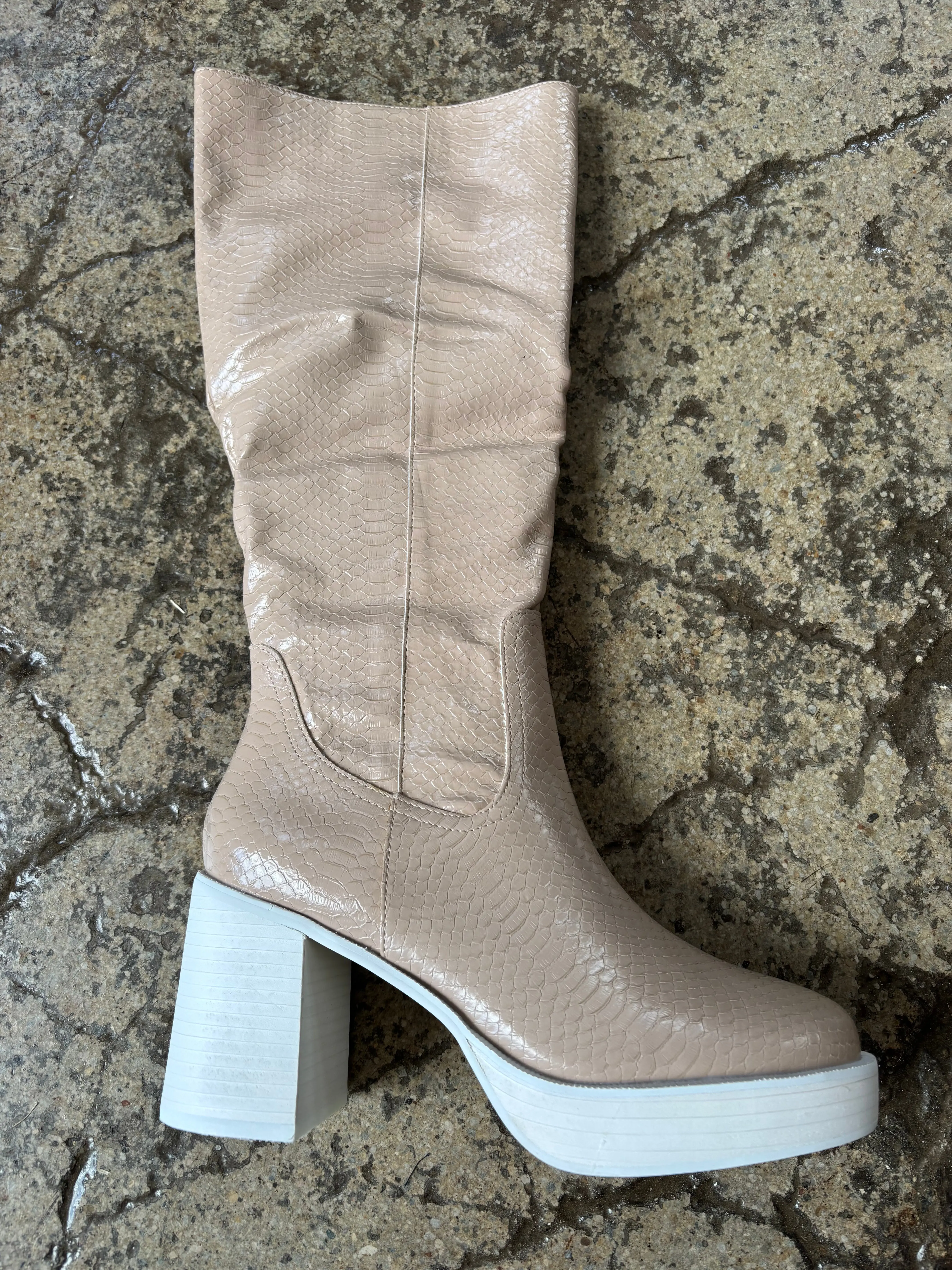 Juniper Knee High Snakeprint Nude Platform Heels