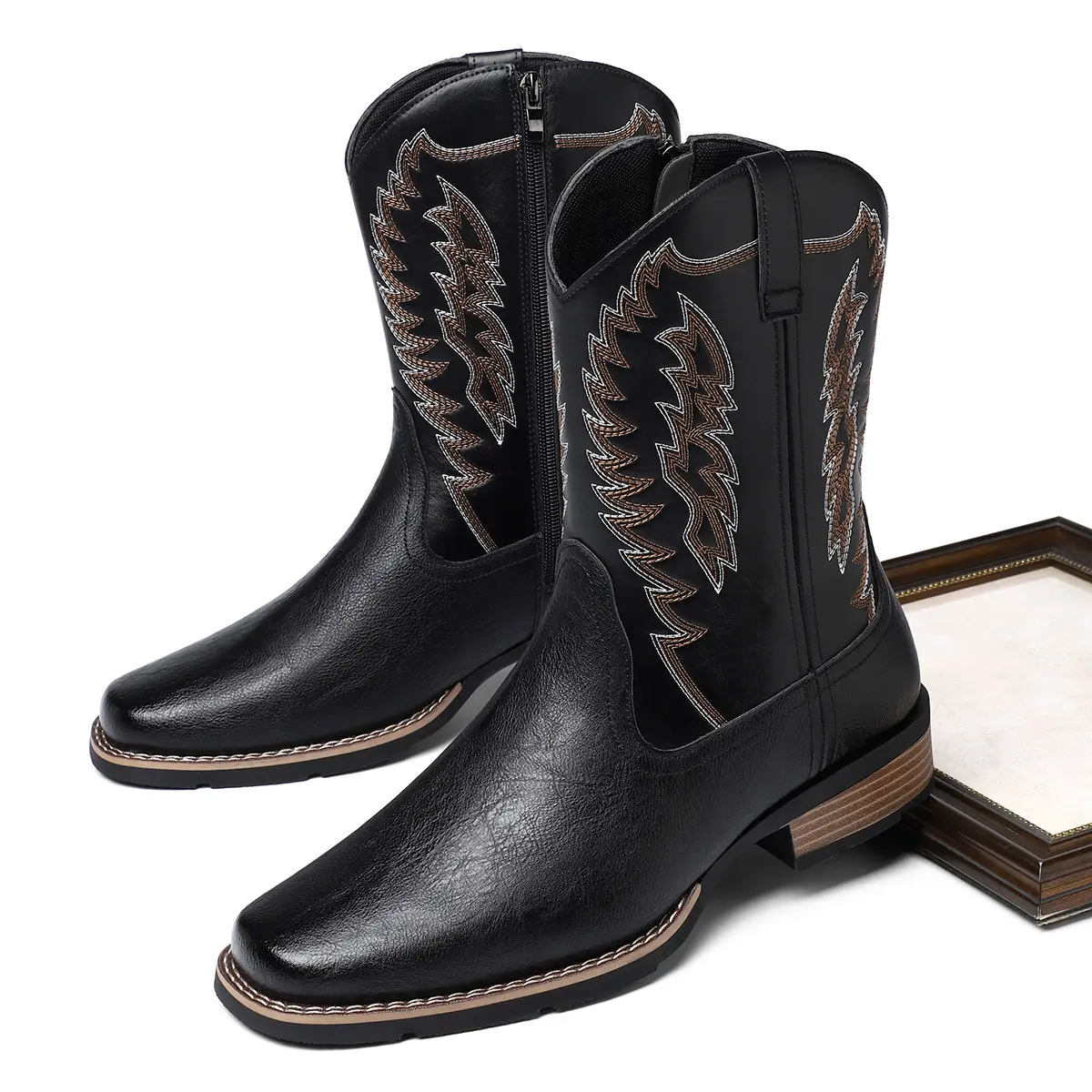 Men's Classic Retro Wide Ankle Boots - Elegant Cowboy Style, Embroidered Denim, Casual Square-Toe PU Leather, Side Zipper, Breathable, Slip-On, All-Seasons, Cuban Aesthetic, Western Ootd Footwear