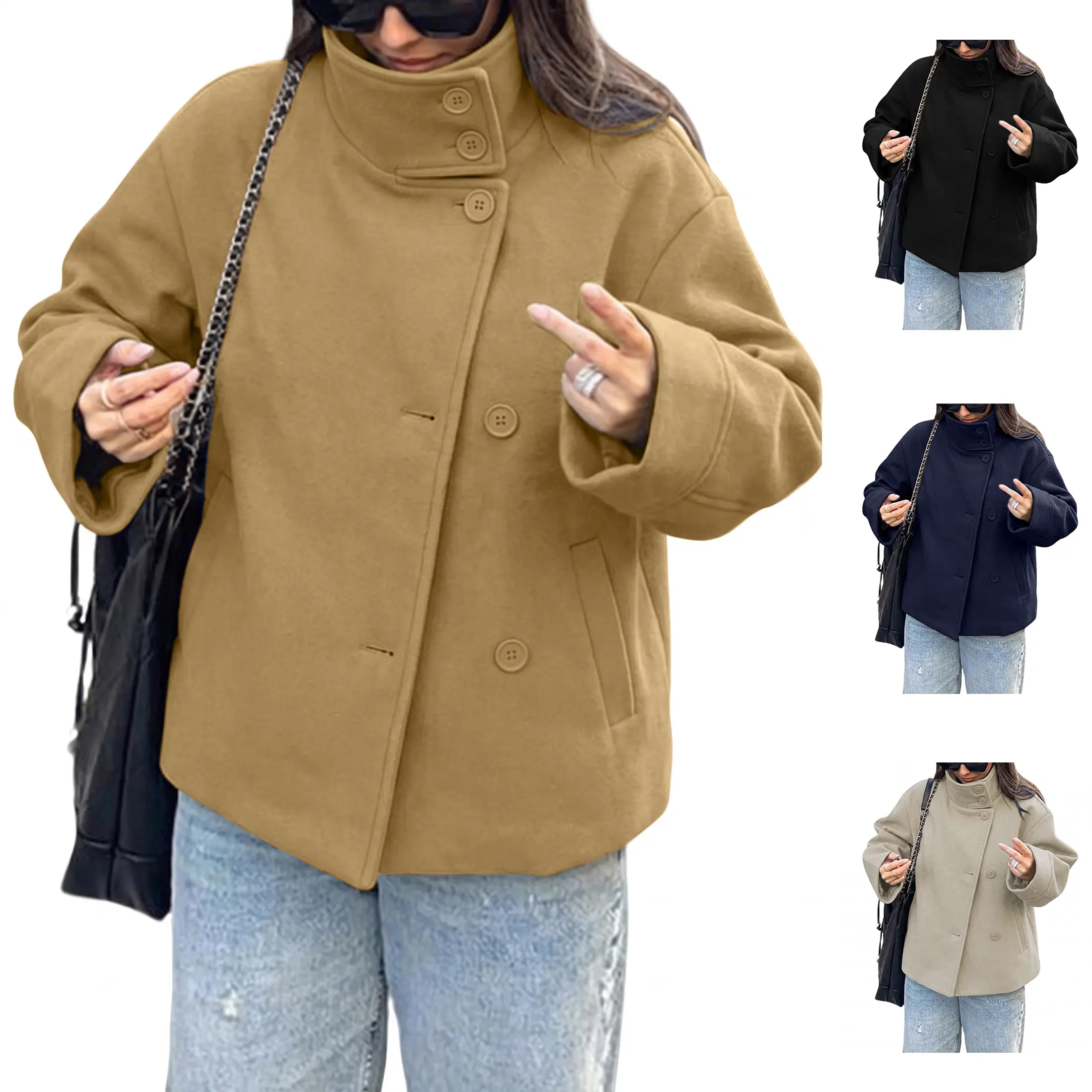 Molitree Women's Cropped Peacoat Wool Blend Short Jacket Stand Collar Button Front Loose Fit  Outerwear