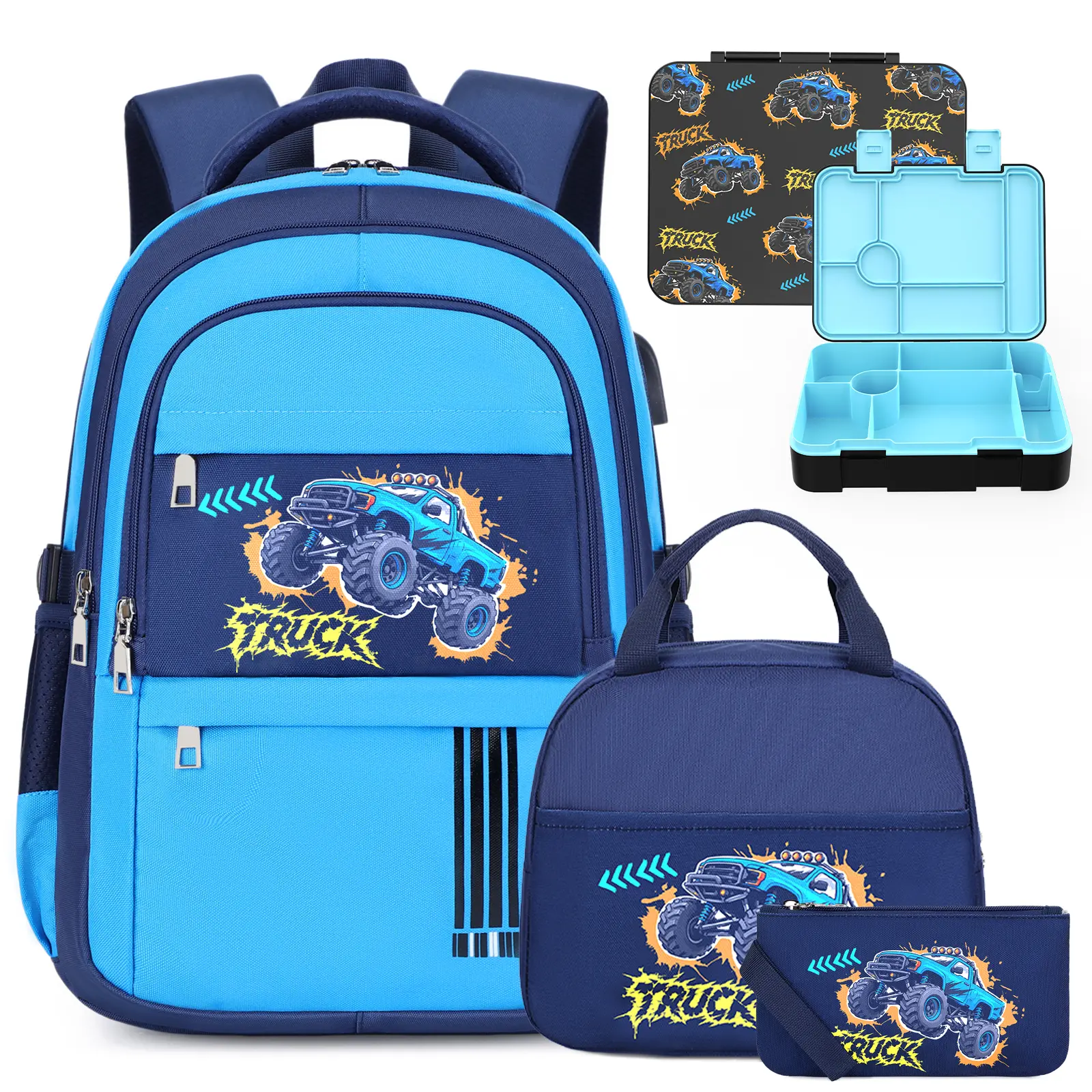 SIMILOVE Boys' 3-Piece Waterproof School Backpack Set - 15.7" x 11.8" x 5.9", Padded Breathable Adjustable Shoulder Straps, 3 Front Pockets, USB Headset Port, Astronaut Pendant, Warm Lunch Box, Pencil Case, Travel Bag, Back-to-School Gift, Kids Backpack,