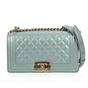 Pre-owned CHANEL Calfskin Crossbody Bags Boy Medium Size Light Blue Quilted Metallic 27013729 hz